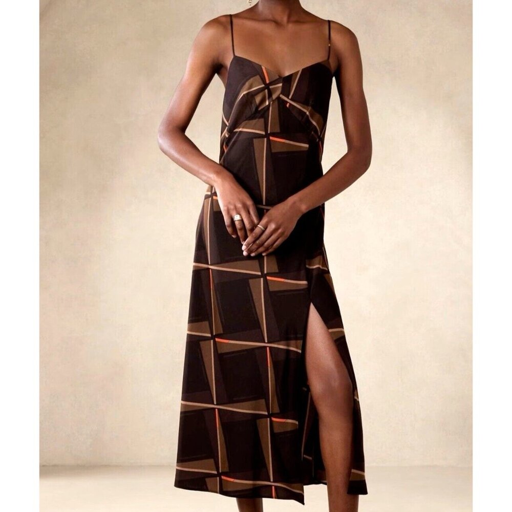 Banana Republic Slip Midi Dress Chocolate Brown Slit‎ Satin Medium
